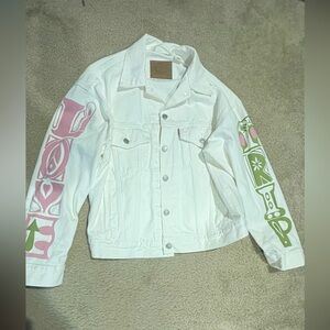 Levi's White Denim Jacket with Pink and Green Accents